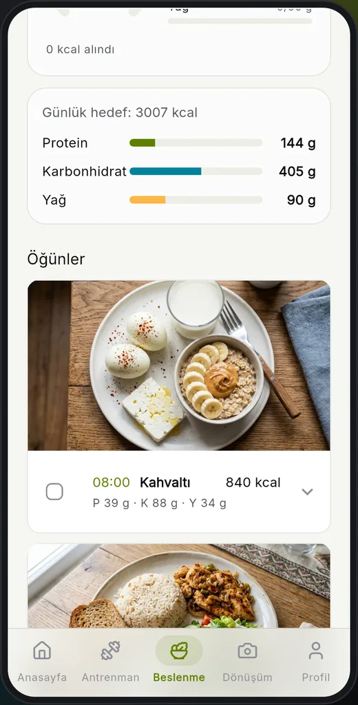 Beslenme ekranı: günlük öğün planı, kalori ve makro hedefleri