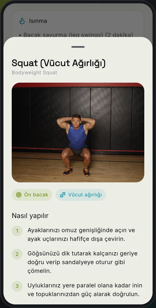 Egzersiz ekranı: bir hareketin görseli, çalıştırdığı kaslar ve Türkçe adım adım anlatımı