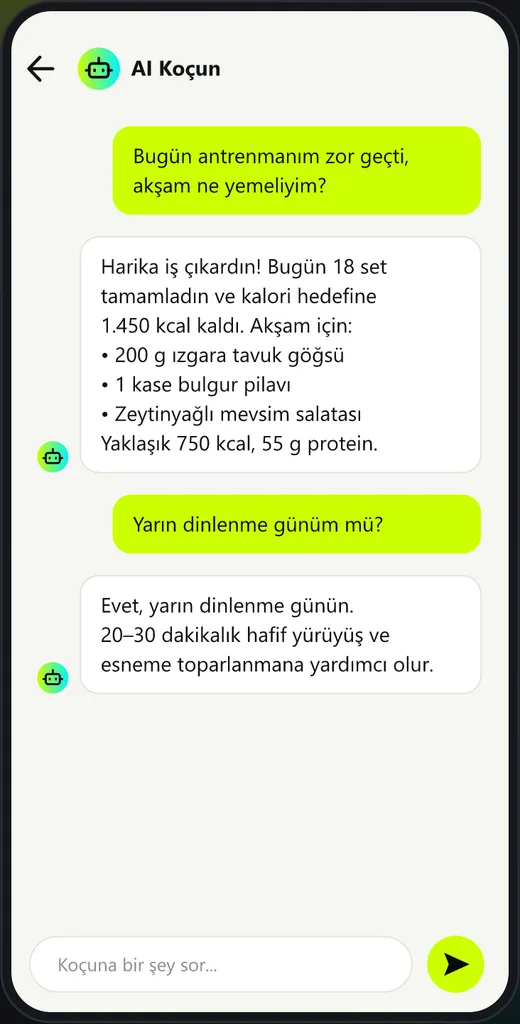 AI Koç ekranı: kullanıcının sorusuna yapay zekâ koçun verdiği cevapla sohbet görünümü